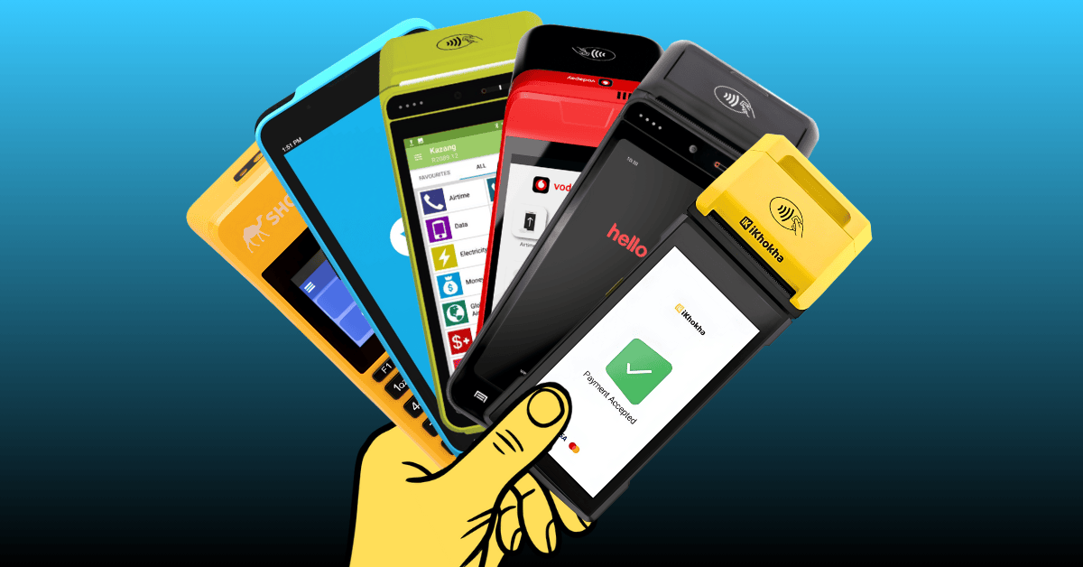 The Yoco Khumo 2, the iKhokha iK Flyer Lite and the HelloPay SWIPA side by side on a shop counter, in ranked order.